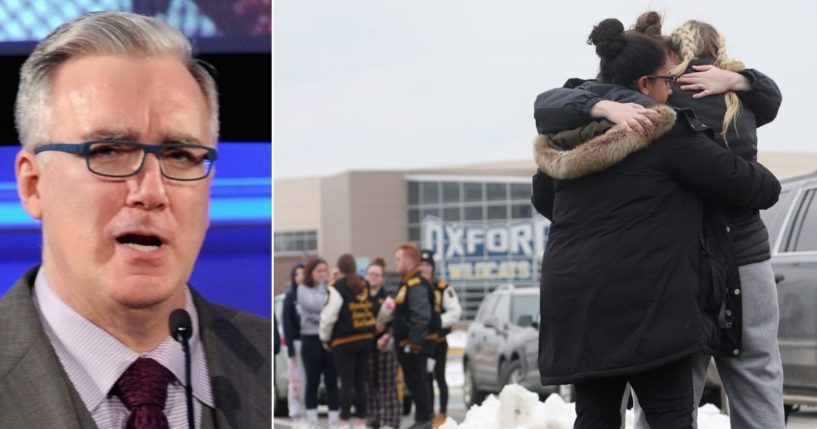 Keith Olbermann, left, drew criticism for his comments about the shooting Tuesday at Oxford High School in Oxford, Michigan. At right, students console one another on Wednesday.
