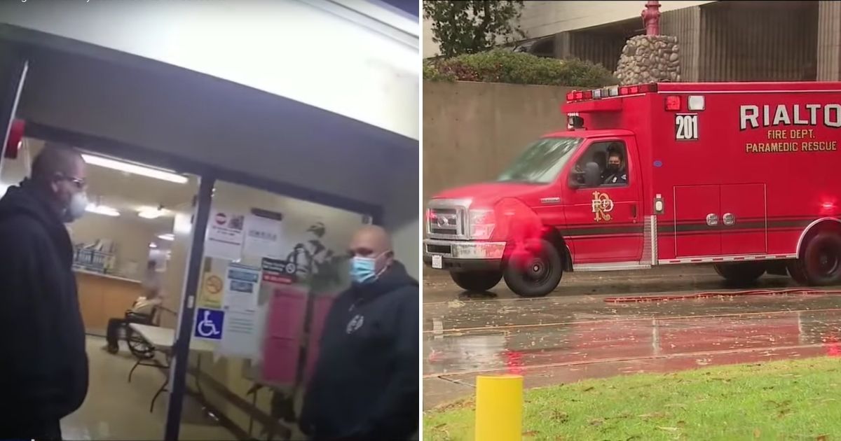 Paramedics from Rialto, California, are seen on footage from a police officer's bodycam from a Nov. 11 medical aid call, refusing to enter a care facility. They cited a COVID law and said the patient had to be brought outside, according to news reports. Police and medical staff had to push the hospital bed, which did not have wheels, down the hall to the door. The patient later died.