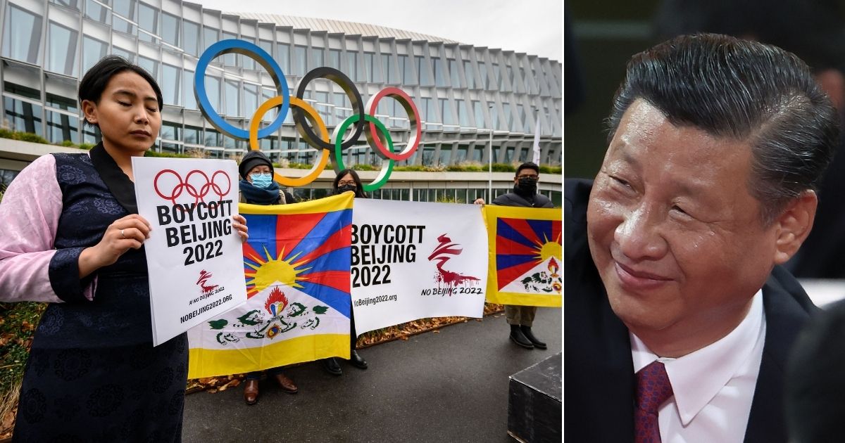 At left, Tibetan activists protest the Beijing Winter Olympics in front of the International Olympic Committee headquarters in Lausanne, Switzerland, on Nov. 26. At right, Chinese President Xi Jinping waves during a Communist Party event in Beijing on June 28.