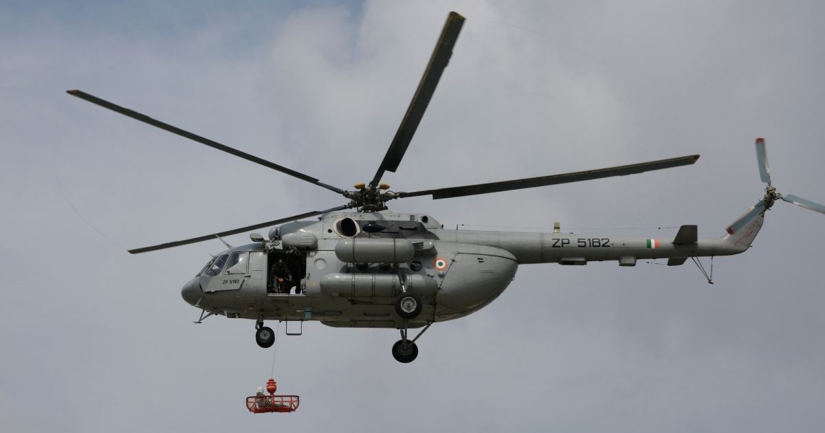 The Indian Air Force uses a MI17 helicopter to demonstrate a rescue operation on Aug. 22, 2019, in Gandhinagar, India.