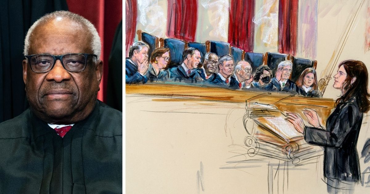A courtroom artist's sketch, right, depicts Center for Reproductive Rights Litigation Director Julie Rikelman speaking to the Supreme Court, Wednesday in Washington, D.C. Associate Justice Clarence Thomas, left, had some pointed questions during the session.