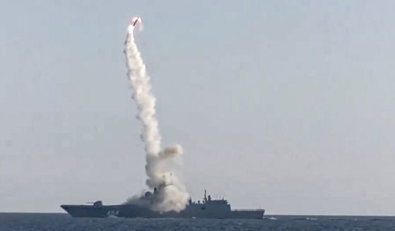 A Russian Zircon hypersonic cruise missile is launched by the frigate Admiral Gorshkov of the Russian navy in this file photo from July 2021. A U.S. Space Force general said the arms race between the United States, China and Russia has been escalating into space, where US targets have been undergoing regular attacks with lasers, radio frequency jammers and cyber attacks.