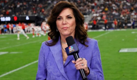 NBC "Sunday Night Football" sideline reporter Michele Tafoya speaks during a game between the Kansas City Chiefs and the Las Vegas Raiders at Allegiant Stadium on Nov. 14 in Las Vegas, Nevada.