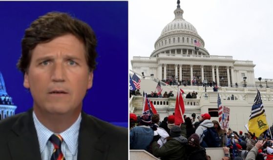 Fox News host Tucker Carlson is seen on the left. Protesters gather outside the U.S. Capitol on Jan. 6 in Washington, D.C.