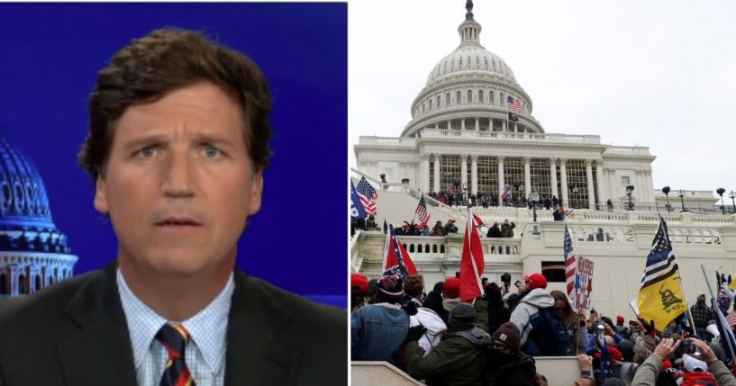 Fox News host Tucker Carlson is seen on the left. Protesters gather outside the U.S. Capitol on Jan. 6 in Washington, D.C.