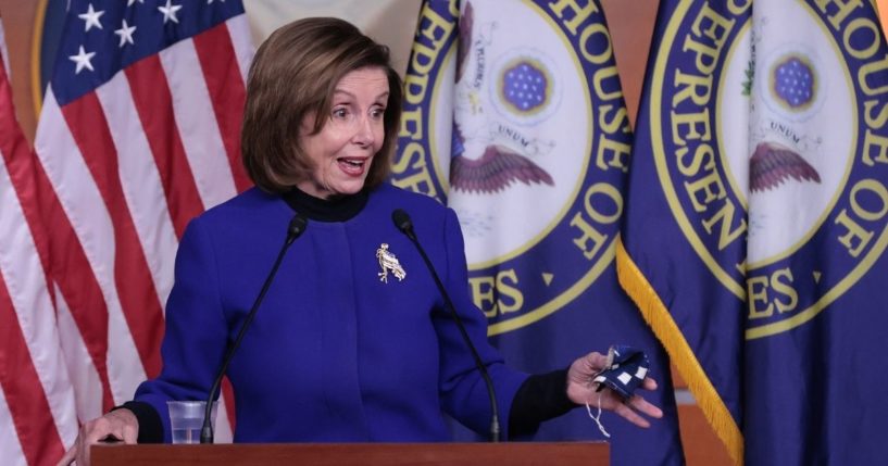House Speaker Nancy Pelosi addresses reporters at a news conference on Thursday in the Capitol.