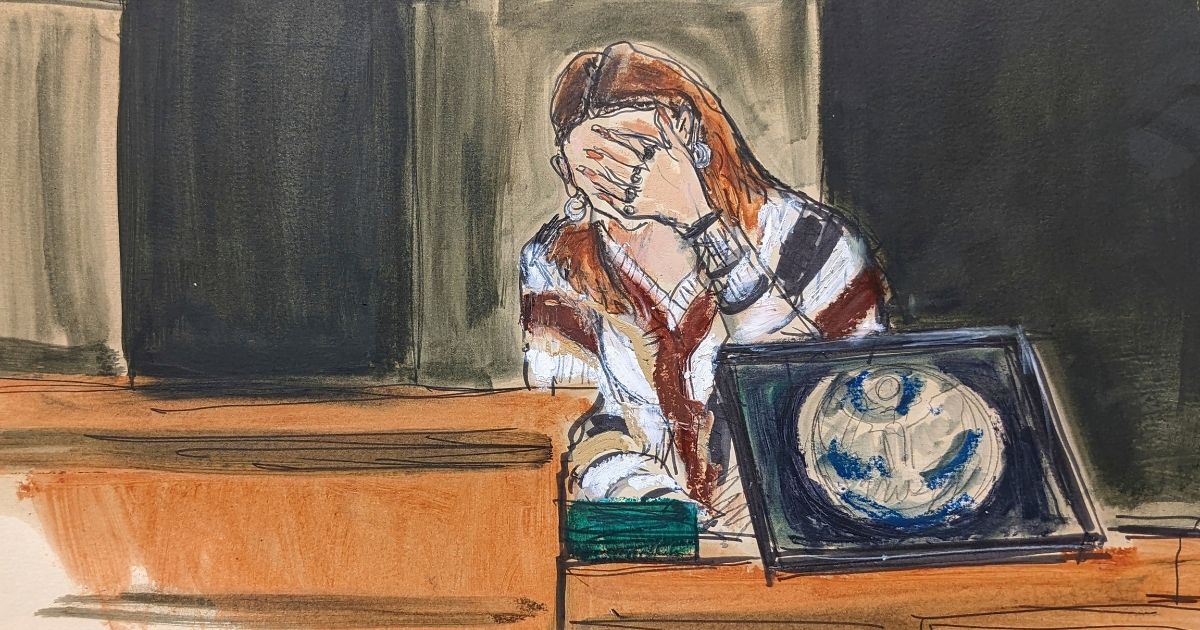 A courtroom sketch shows a woman crying on the witness stand.