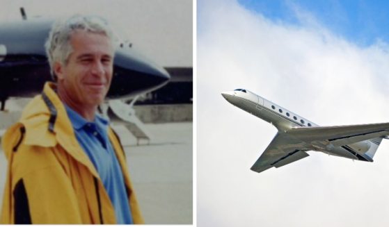 Jeffrey Epstein, left; airborne Gulfsteam jet, right.