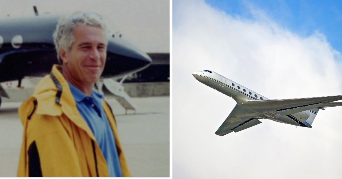 Jeffrey Epstein, left; airborne Gulfsteam jet, right.