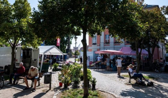 The market square in Templin, Germany, is pictured on Sept. 10, 2021. The picturesque town in Germany -- a member of the European Union -- is celebrating its 750th birthday this year, one year late due to the coronavirus pandemic. The EU is mulling vaccine mandates.