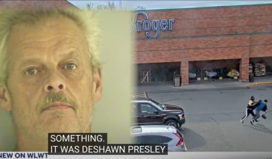 In surveillance video, right, shopper Deshawn Pressley chases down purse-snatching suspect Derek Vauhn in the parking lot of a Kroger store in Lemon Township, Ohio. A close-up of Vauhn is at left, with a partial caption (last name misspelled) from WLWT-TV.
