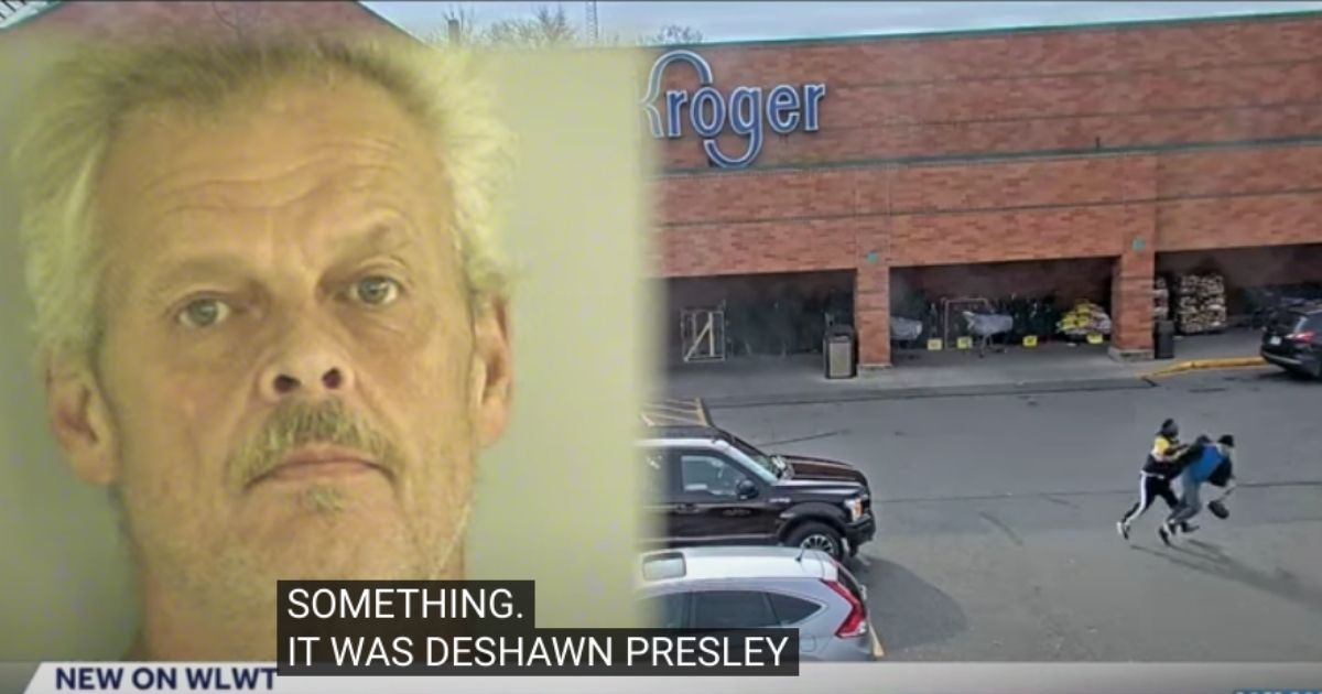 In surveillance video, right, shopper Deshawn Pressley chases down purse-snatching suspect Derek Vauhn in the parking lot of a Kroger store in Lemon Township, Ohio. A close-up of Vauhn is at left, with a partial caption (last name misspelled) from WLWT-TV.