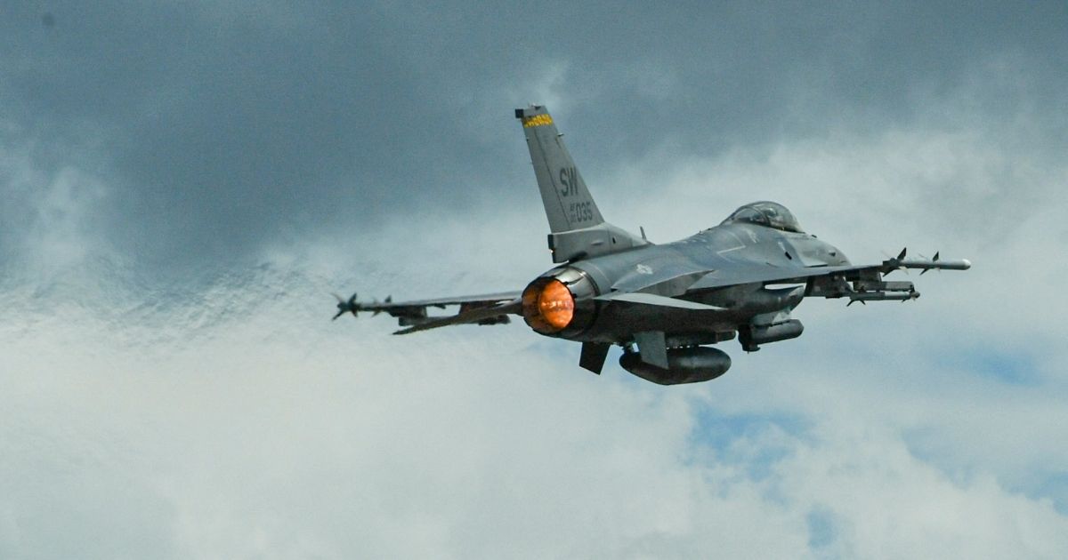 A U.S. Air Force F-16 aircraft flies near the Rionegro airport during military drills between the United States and Colombia Air Forces in Colombia on July 12, 2021.