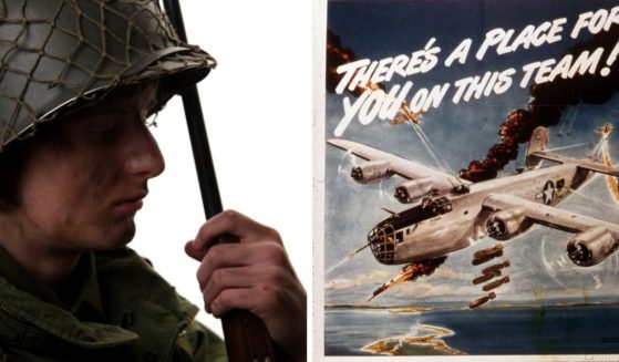 Left, a stock image of an American Army soldier of World War II, right, a World War II-era recruiting poster for the Army Air Forces.