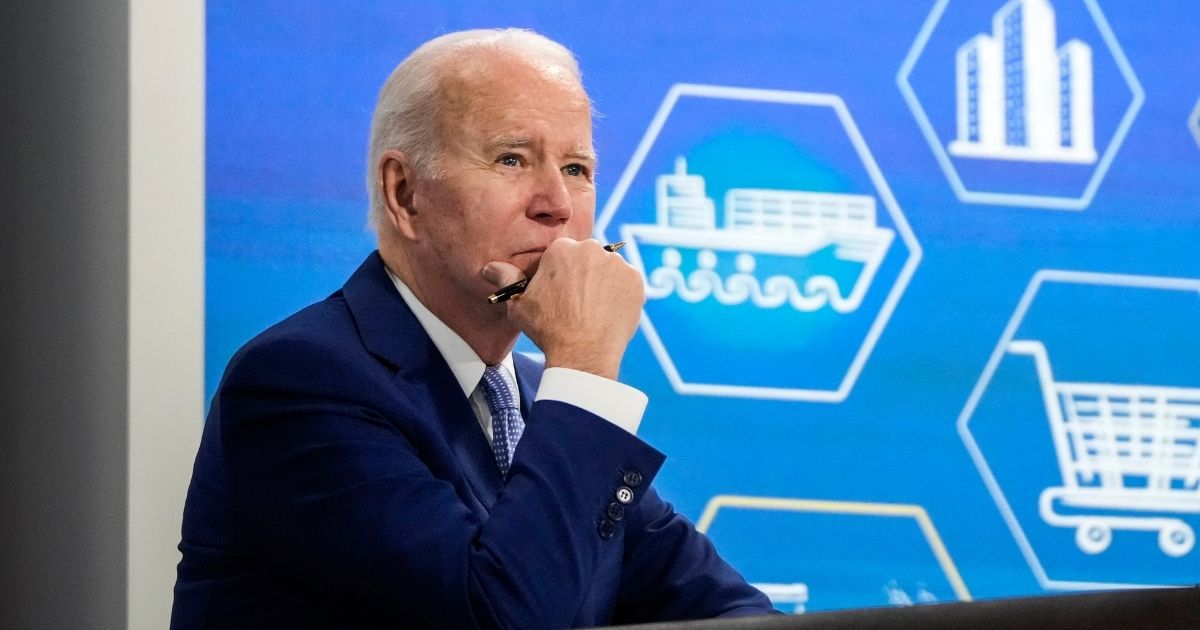 President Joe Biden listens during a meeting with his administration's Supply Chain Disruptions Task Force and private sector CEOs in the South Court Auditorium of the White House on Wednesday in Washington, D.C.