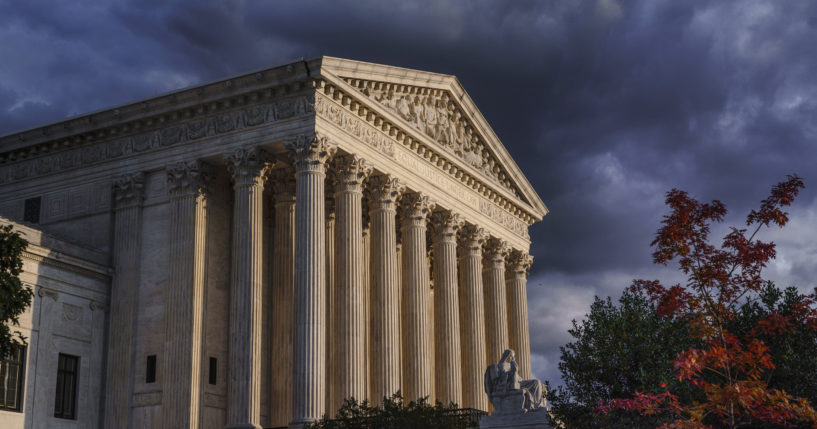 The Supreme Court is seen at dusk in Washington, Oct. 22, 2021.