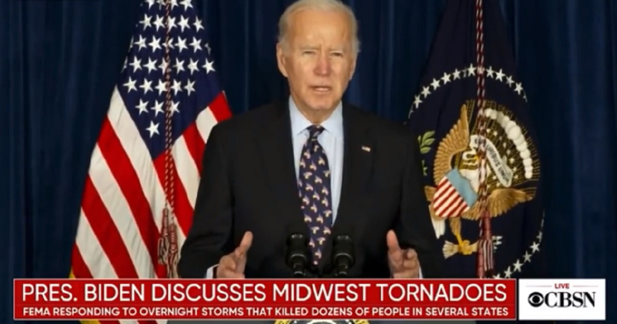 President Joe Biden speaks from his home in Wilmington on Saturday about the tornadoes that have killed at least 88 in five states.