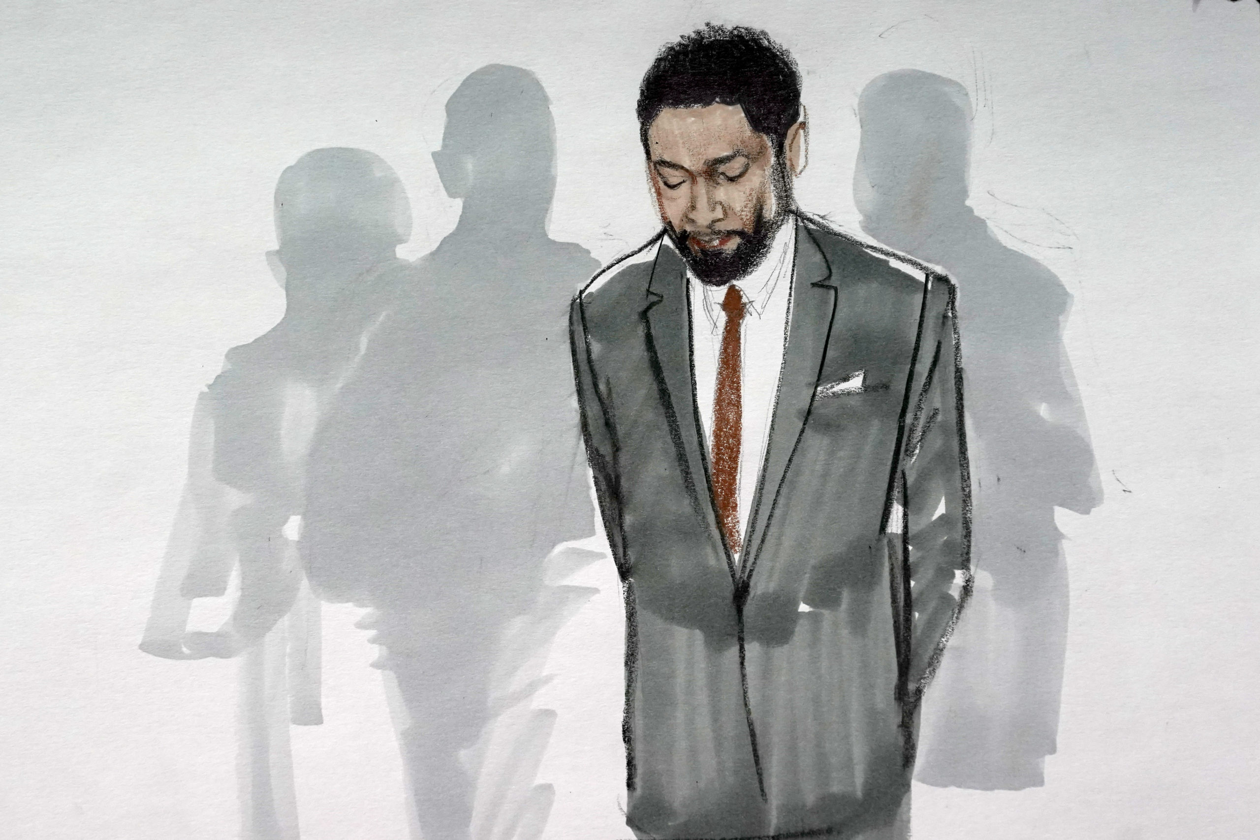 In this courtroom sketch, actor Jussie Smollett stands with his legal team in a Leighton Criminal Courthouse courtroom in Chicago, Illinois, on Dec. 9 after a jury found him guilty on five of six charges he staged a racist, anti-gay attack on himself and lied to police about it.