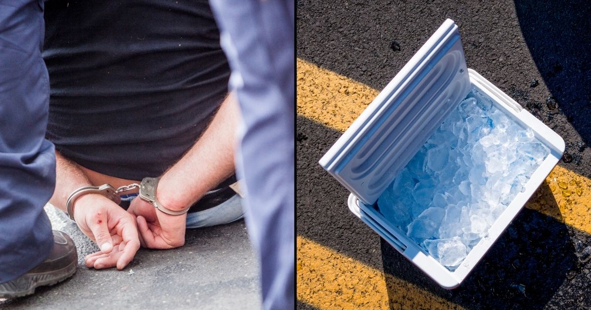 A man sits in handcuffs in the stock image on the left. A cooler is seen in the stock image on the right.