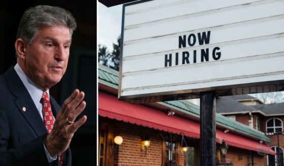 Sen. Joe Manchin speaks during a news conference on Capitol Hill on May 16, 2017, in Washington, D.C. A hiring sign is seen in the stock image on the right.