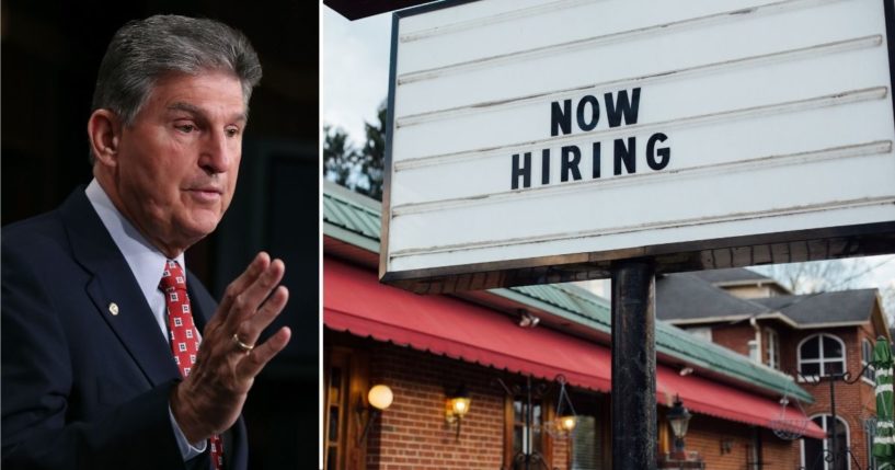 Sen. Joe Manchin speaks during a news conference on Capitol Hill on May 16, 2017, in Washington, D.C. A hiring sign is seen in the stock image on the right.