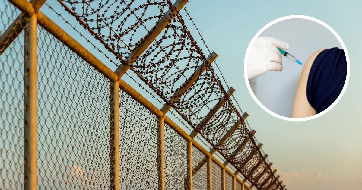 A barbed-wire fence is seen in the above stock image. A person receives a vaccine in the stock image on the right.