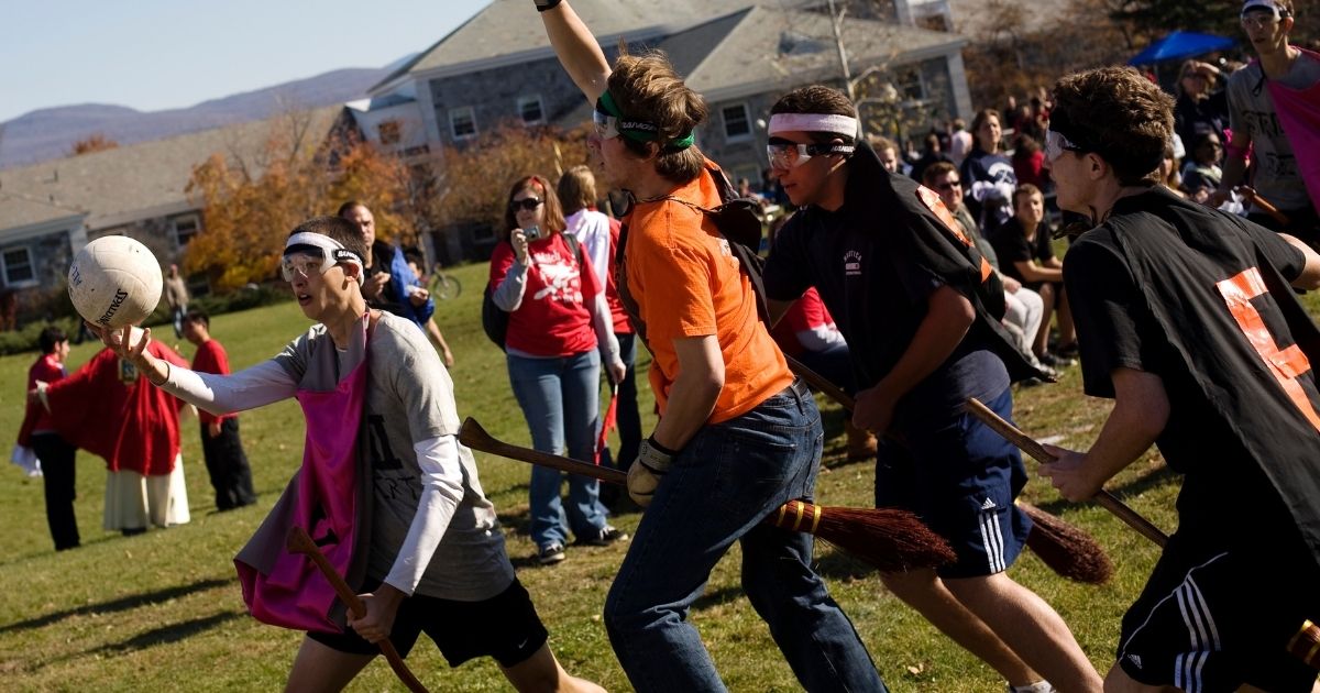 A player from Vassar College scores a goal against Princeton University during an intercollegiate quidditch tournament at Middlebury College in Vermont.