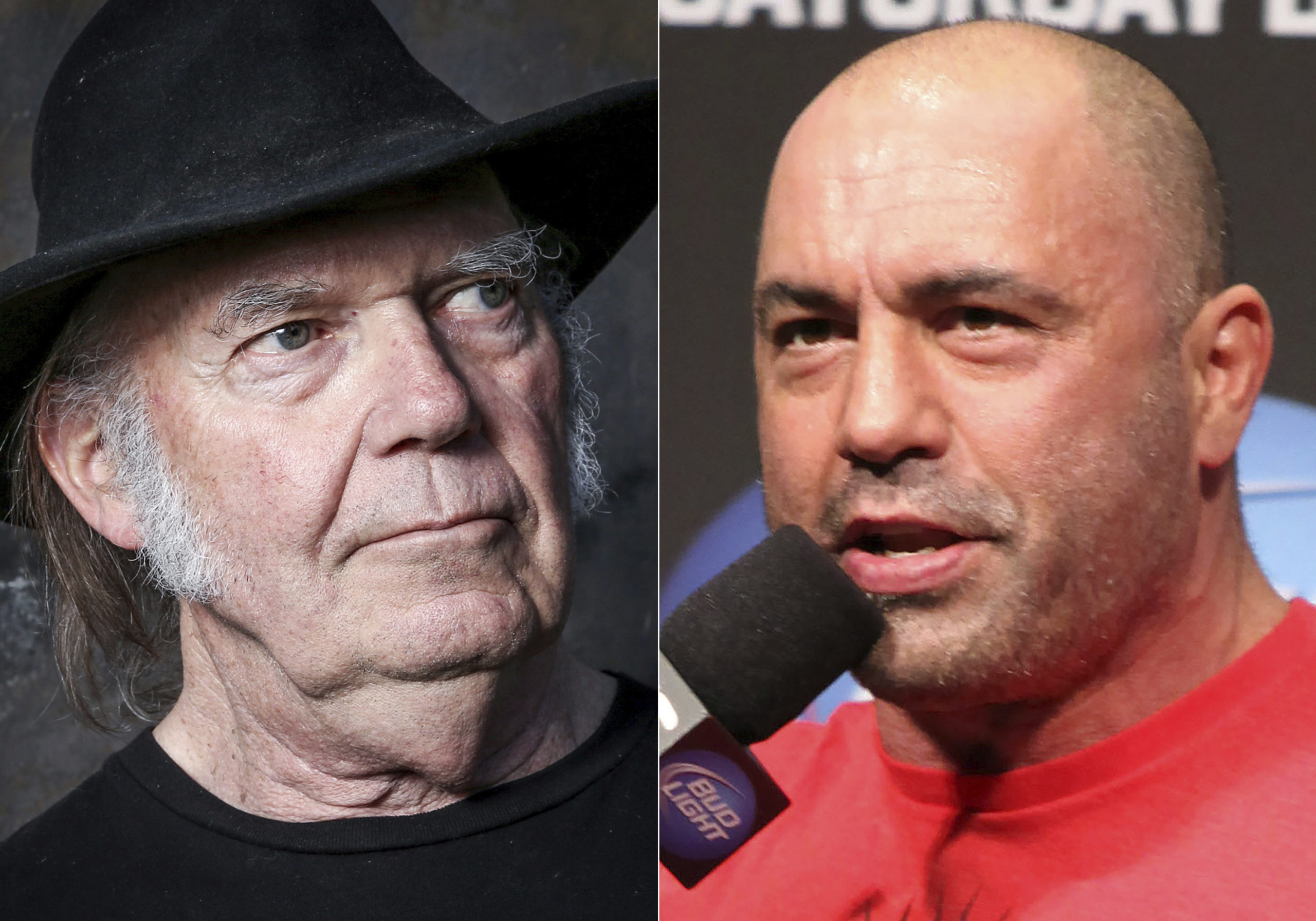 This combination photo shows Neil Young in Calabasas, California, on May 18, 2016, left, and UFC announcer and podcaster Joe Rogan before a UFC on FOX 5 event in Seattle, Dec. 7, 2012. Spotify said Sunday that it will add content advisories before podcasts discussing the coronavirus.