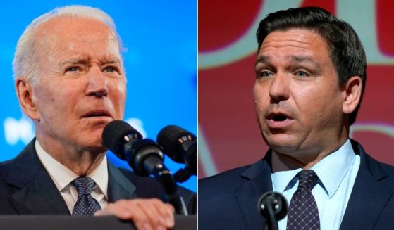 At left, President Joe Biden speaks at the U.S. Conference of Mayors' annual winter meeting at the Capitol Hilton in Washington on Friday. At right, Florida Gov. Ron DeSantis speaks at the Doral Academy Preparatory School in Doral on Sept. 14.