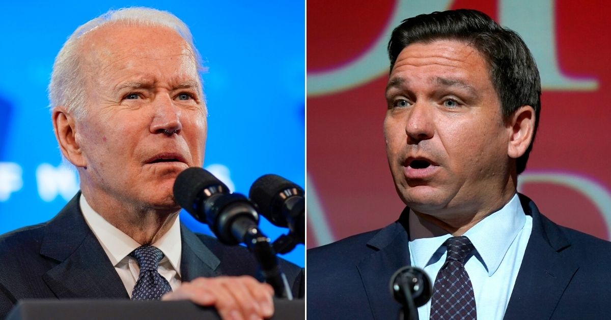 At left, President Joe Biden speaks at the U.S. Conference of Mayors' annual winter meeting at the Capitol Hilton in Washington on Friday. At right, Florida Gov. Ron DeSantis speaks at the Doral Academy Preparatory School in Doral on Sept. 14.