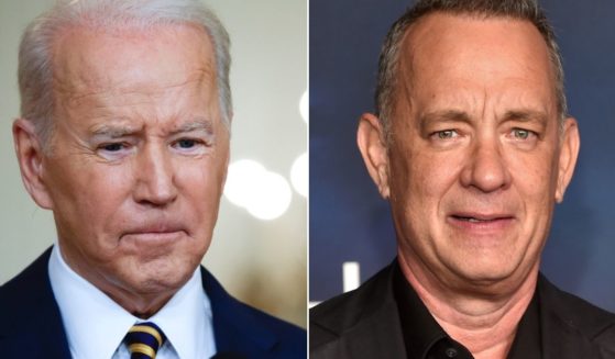 President Joe Biden, left, has enlisted Hollywood star Tom Hanks, right, in an effort to cast his first year in office in a positive light.