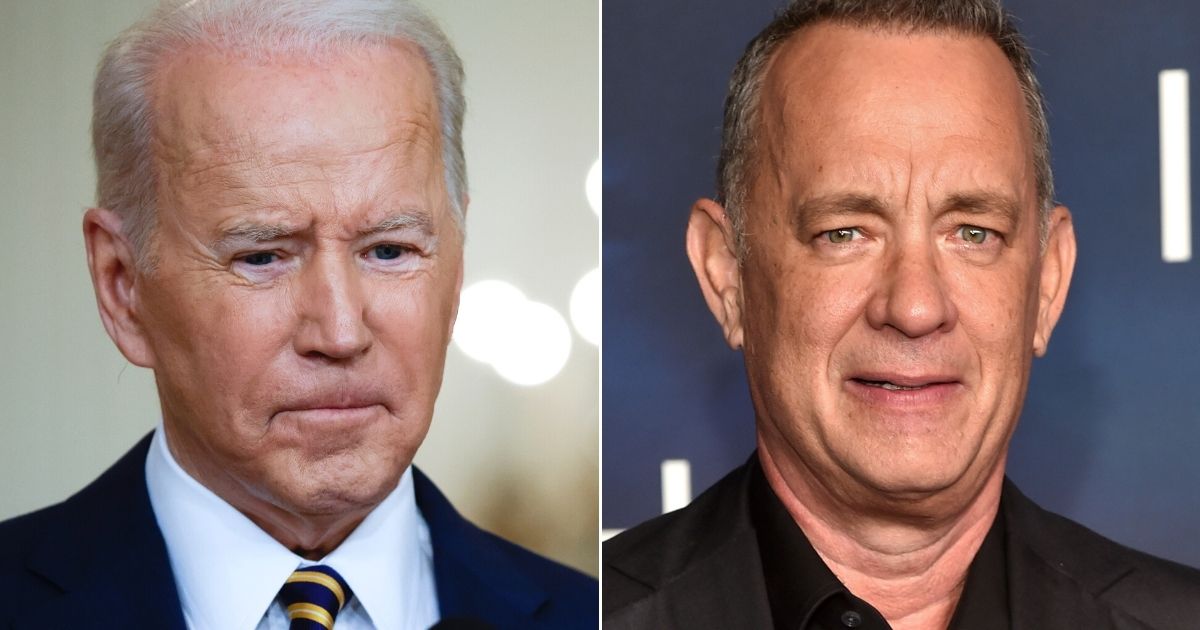 President Joe Biden, left, has enlisted Hollywood star Tom Hanks, right, in an effort to cast his first year in office in a positive light.