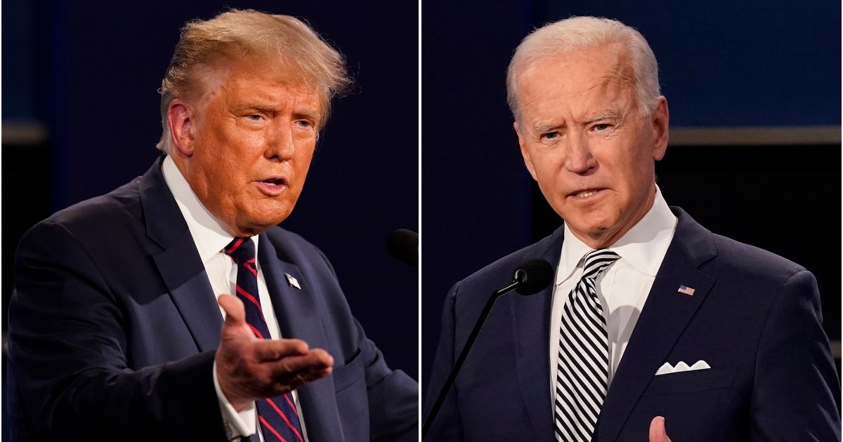Then-President Donald Trump and then-Democratic presidential candidate Joe Biden speak during the first presidential debate in Cleveland, Ohio, on Sept. 29, 2020.