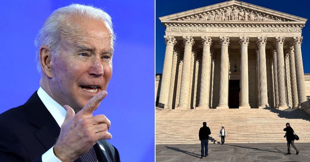 At left, President Joe Biden speaks during the U.S. Conference of Mayors' winter meeting in Washington on Jan. 21. At right, the U.S. Supreme Court building is seen on Wednesday after it was reported that Associate Justice Stephen Breyer would soon retire.