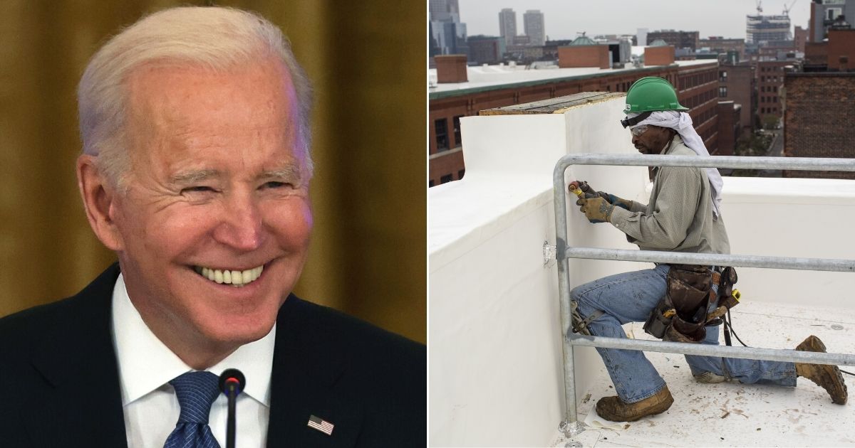 At left, President Joe Biden speaks during a meeting with the White House Competition Council in the East Room of the White House on Monday. At right, a roofer glues a strip of white vinyl sheeting to the roof of a building under construction in Boston on Oct. 2, 2012.