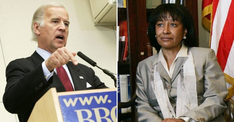 Then-Sen. Joe Biden, left, joins in the nearly two-year Democratic filibuster against voting to nominate Janice Rogers Brown to be a circuit judge of the United States Court of Appeals.