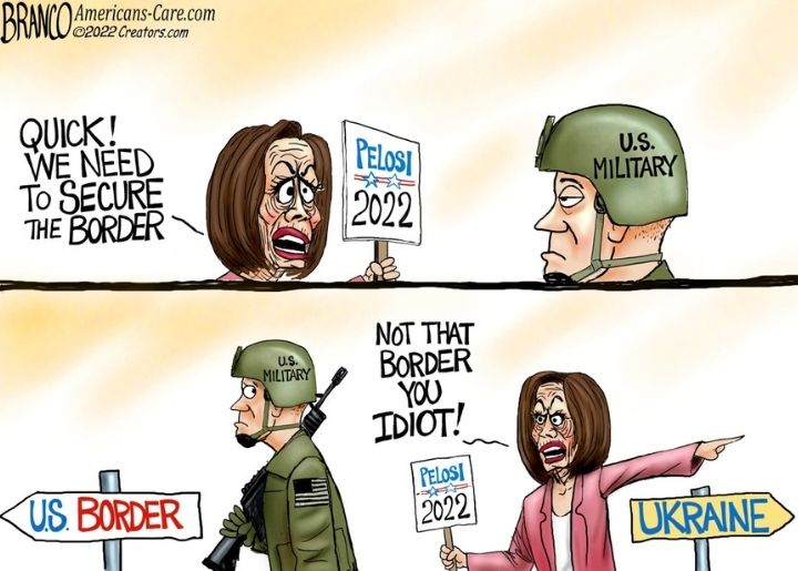 Democratic House Speaker Nancy Pelosi yells at a member of the U.S. military to go secure the border, before clarifying that she means the Ukraine border.