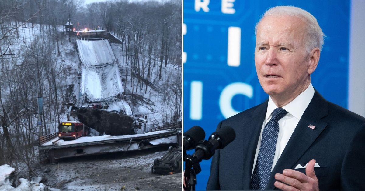 The Fern Hollow Bridge near Frick Park, left, suddenly fell apart early Friday morning in Pittsburgh before President Joe Biden was scheduled to arrive in the city to speak about infrastructure.