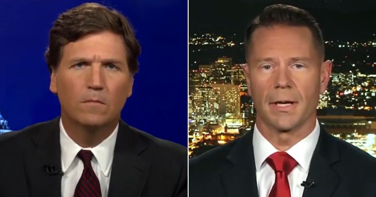 Lt. Col. Scott Duncan, right, talks with Fox News' Tucker Carlson about his effort to get a religious exemption to the military vaccine mandate.