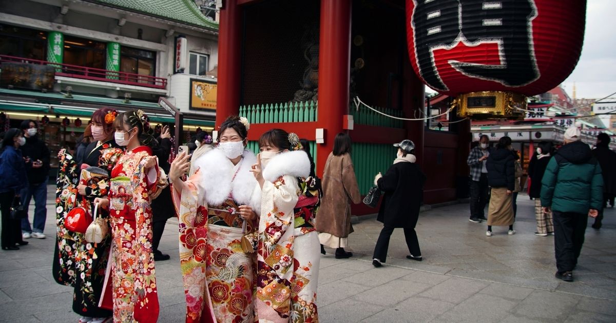 Kimono-clad women who will turn 20 years old this year take a selfie near the Sensoji Temple in Asakusa district Monday, Jan. 10, in Tokyo. Held annually on the second Monday of January, Coming of Age Day is a special time for Japan's young people, marking their entry into adulthood. 