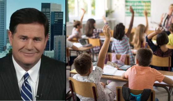 Arizona Gov. Doug Ducey is ensuring that his state's schoolchildren have access to in-person learning. Kids raise their hands in a classroom in the stock image on the right.