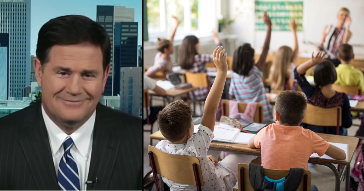 Arizona Gov. Doug Ducey is ensuring that his state's schoolchildren have access to in-person learning. Kids raise their hands in a classroom in the stock image on the right.