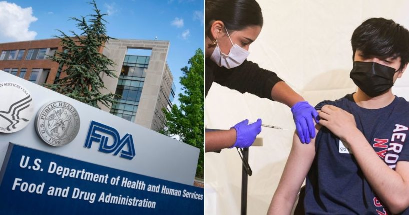 At left, a sign for the Food And Drug Administration is seen outside of the agency's headquarters in White Oak, Maryland, on July 20, 2020. At right, Anthony Briseno, 20, receives his first dose of the Pfizer COVID-19 vaccine at Abraham Lincoln High School in Los Angeles on April 23.