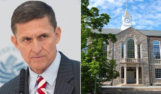 At left, Michael Flynn speaks during a conference at the U.S. Institute Of Peace in Washington on Jan. 10, 2017. At right is Green Hall at the University of Rhode Island in Kingston.