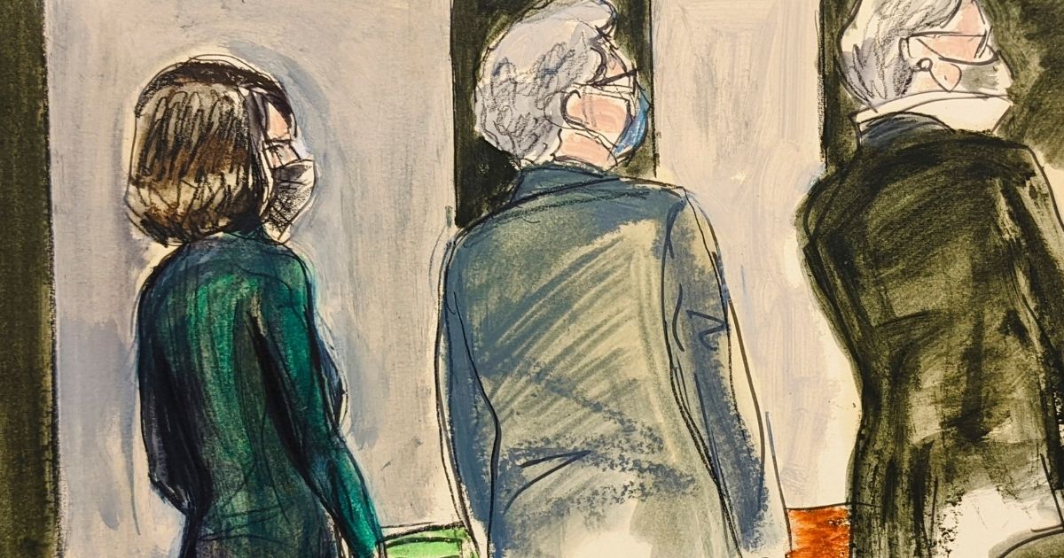 In this courtroom sketch, Ghislaine Maxwell, left, stands with her defense attorneys Jeffrey Pagliuca, center, and Bobbi Sternheim, right, as they watch the jury leave the courtroom for the holiday break, during Maxwell's sex trafficking trial on Dec. 22, 2021, in New York.