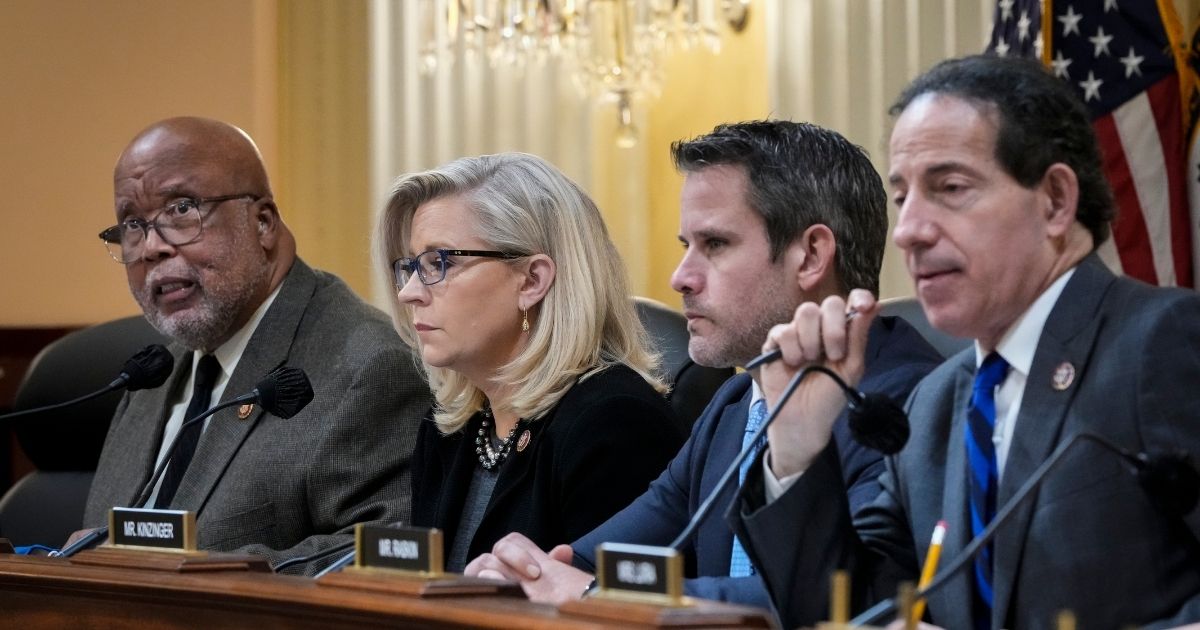 Rep. Bennie Thompson, left, speaks as Reps. Liz Cheney, Adam Kinzinger and Jamie Raskin listen during a committee meeting on Capitol Hill on Dec. 1, 2021, in Washington, D.C.