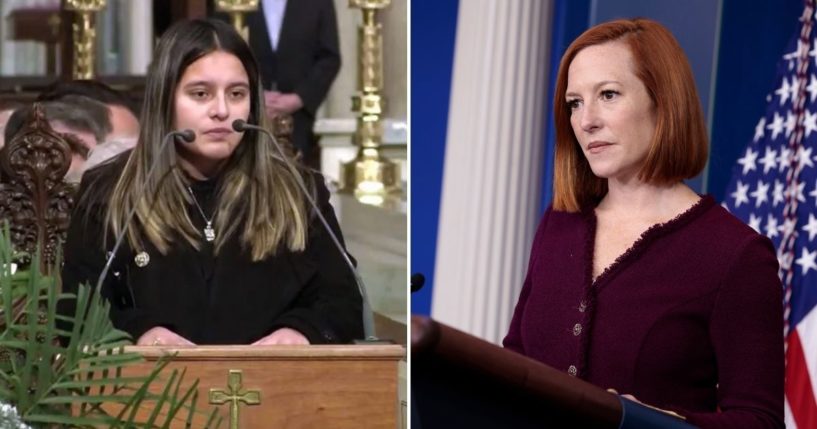 The widow of slain New York Police Department officer Jason Rivera, Dominque Luzuriaga, left, speaks at her husband's funeral days after White House press secretary Jen Psaki made fun of those who criticize 