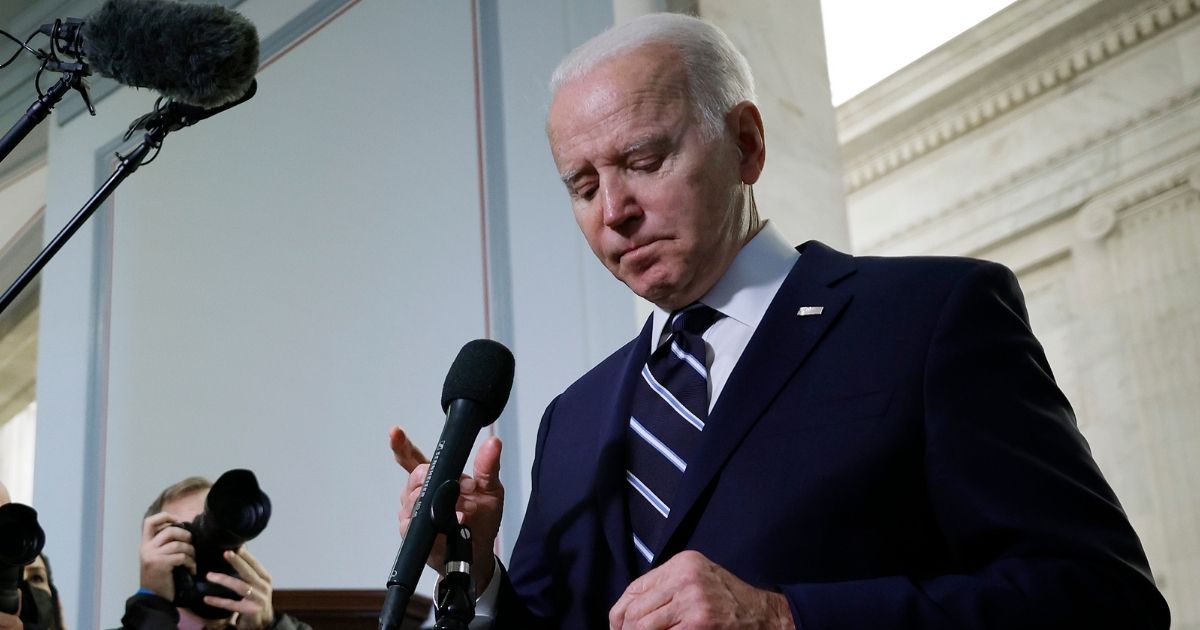 President Joe Biden talks to reporters after meeting with Senate Democrats in the Russell Senate Office Building on Capitol Hill on Thursday in Washington, D.C.