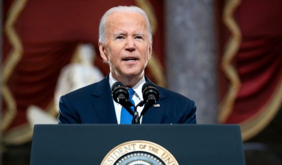 President Joe Biden gives a speech from the Statuary Hall in the U.S. Capitol on the one year anniversary of the Jan. 6, 2021, Capitol incursion.