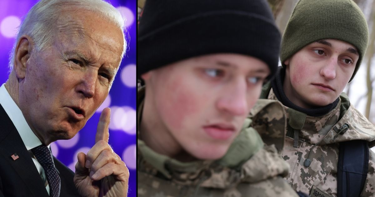 President Joe Biden, left, speaks on Friday in Washington, D.C. Civilians receive basic combat training on Saturday in Kyiv, Ukraine.